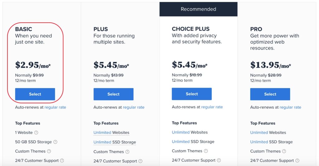 How to start a blog on Bluehost - Select your hosting plan